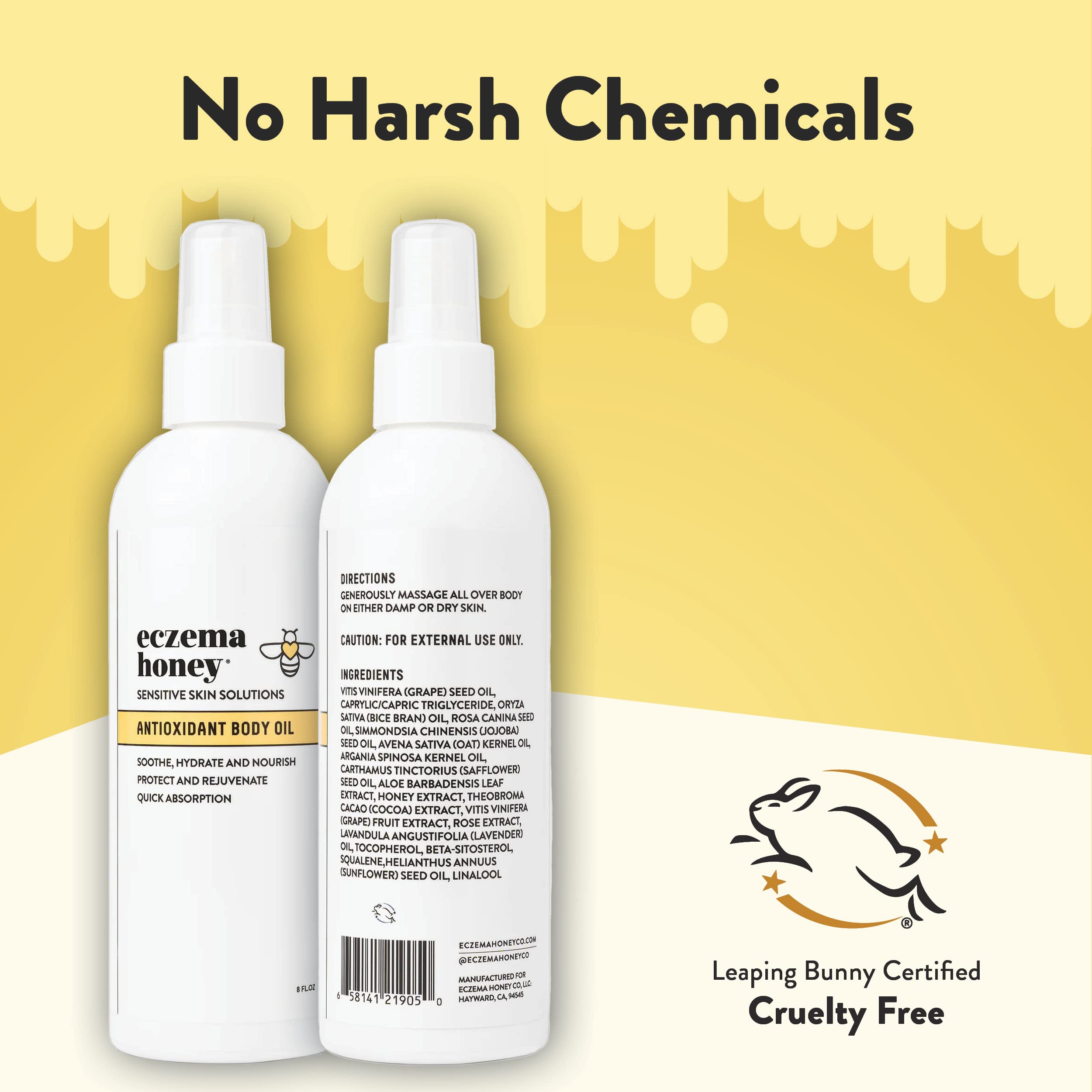 ECZEMA HONEY Antioxidant Body Oil unscented packaging highlighting gentle formula.