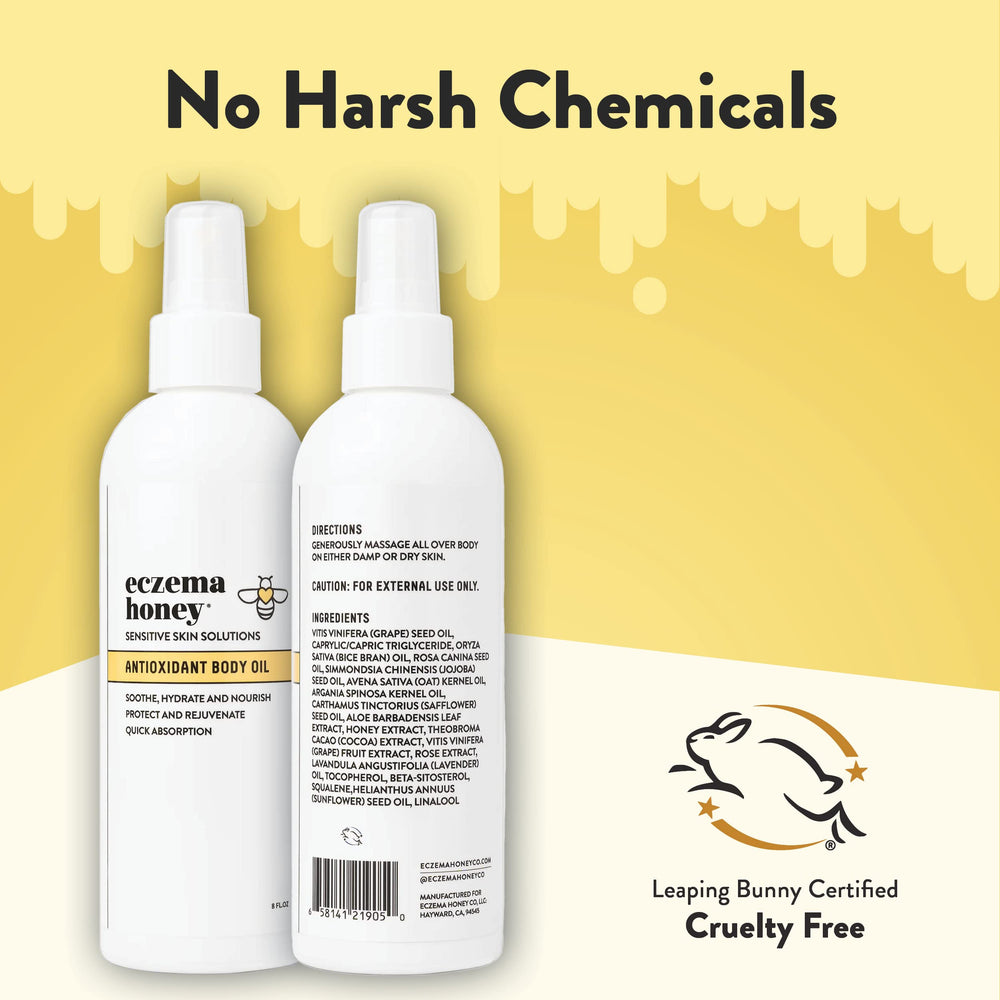 ECZEMA HONEY Antioxidant Body Oil unscented packaging highlighting gentle formula.
