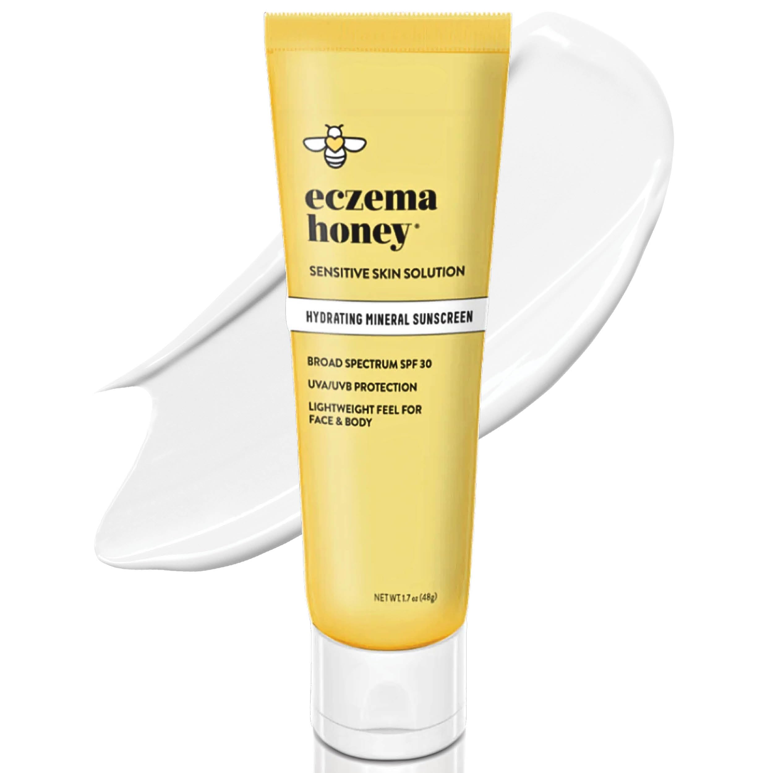 Bouteille Eczema Honey solaire minérale hydratante pour visage et corps.
