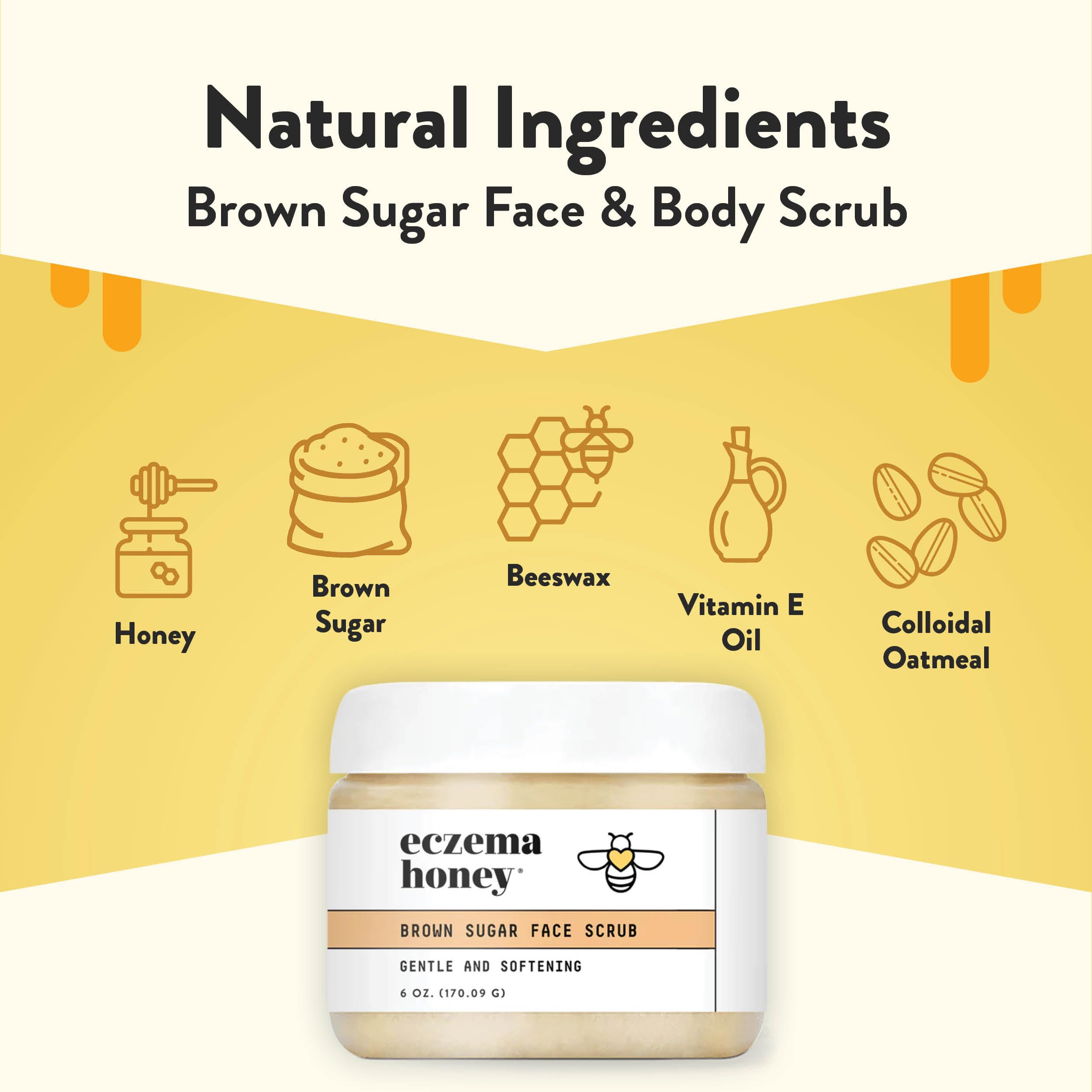 ECZEMA HONEY Brown Sugar Scrub texture closeup with honey-infused grains for smooth skin.