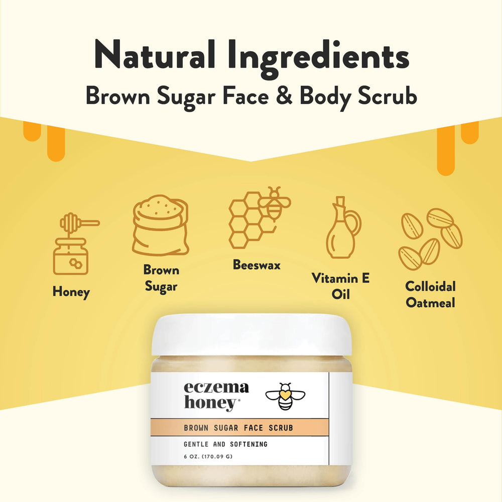 ECZEMA HONEY Brown Sugar Scrub texture closeup with honey-infused grains for smooth skin.