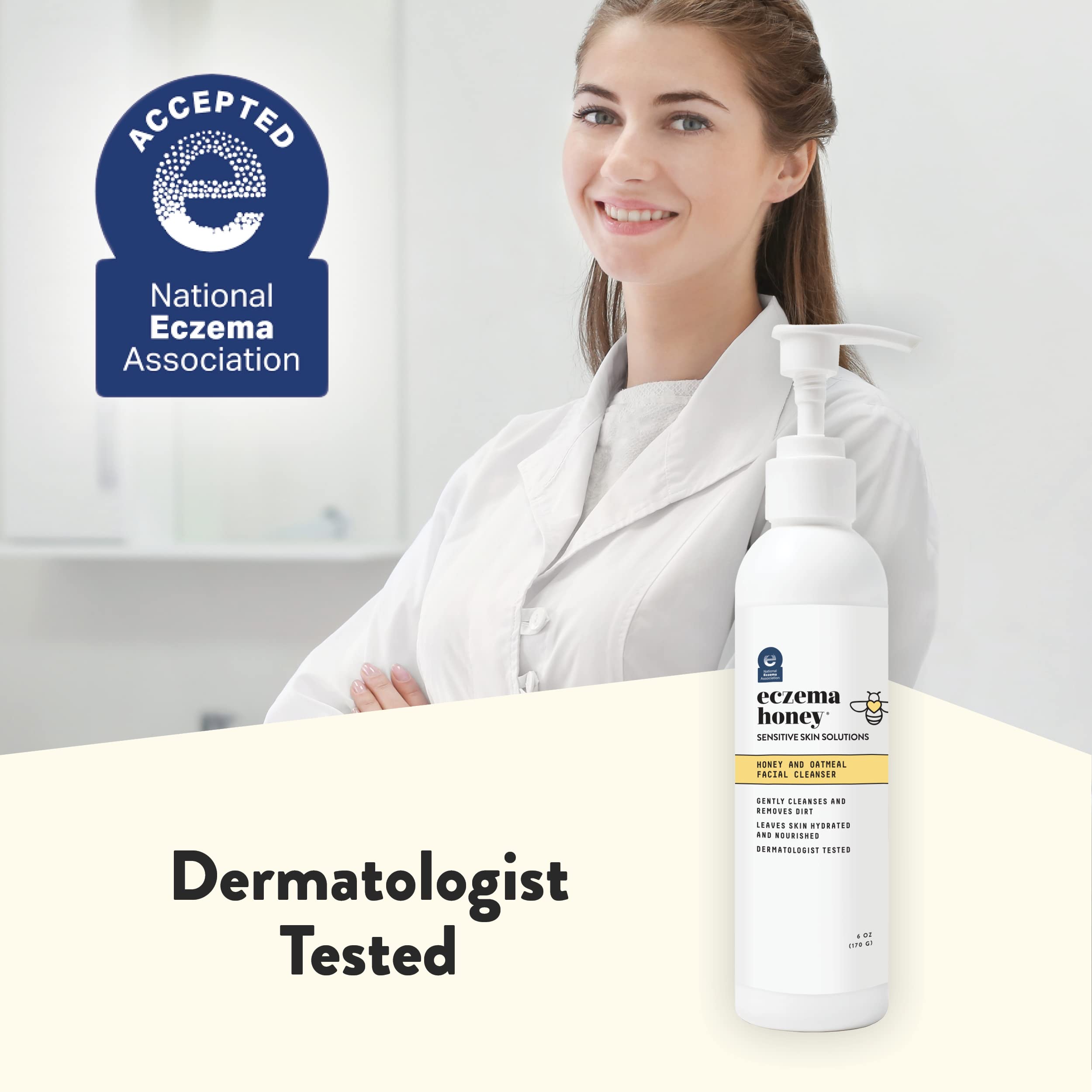 Lifestyle scene showing ECZEMA HONEY cleanser in a calm morning routine