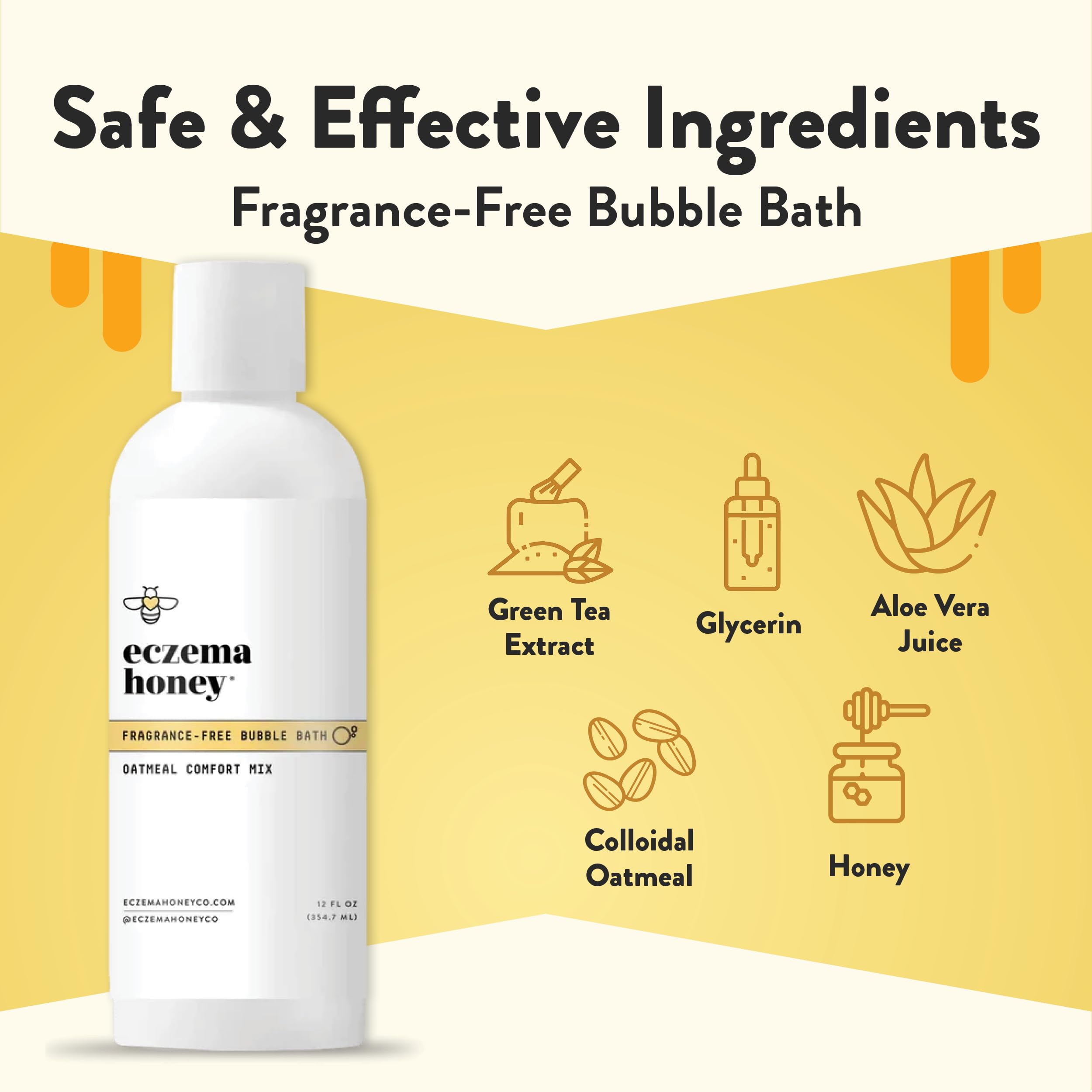 ECZEMA HONEY bottle-closeup highlights creamy foam and fragrance-free formula for daily use