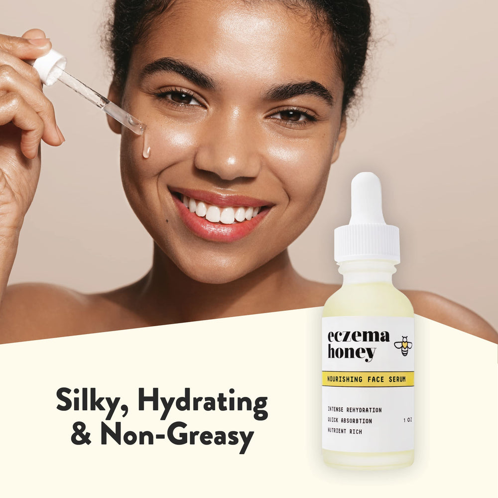 Applying Eczema Honey Nourishing Face Serum to dry areas for daily use