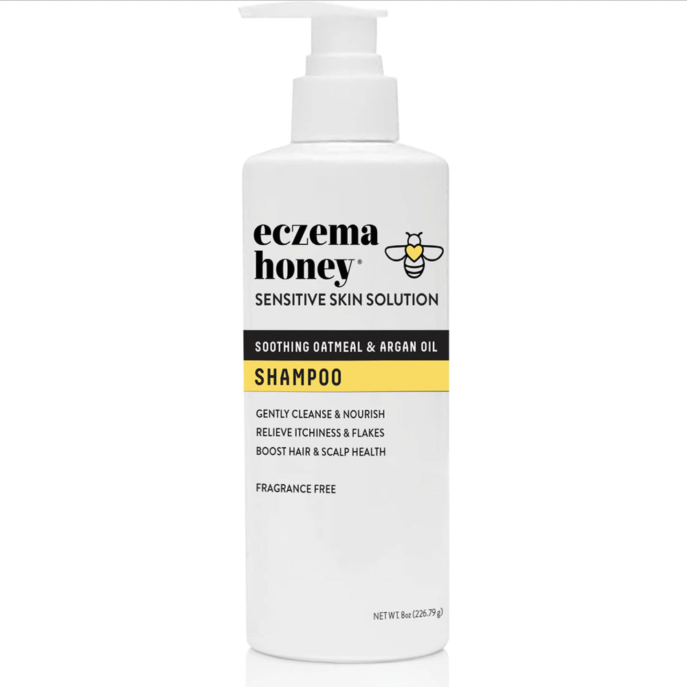 ECZEMA HONEY Nourishing Shampoo bottle pour for soothing daily scalp care.