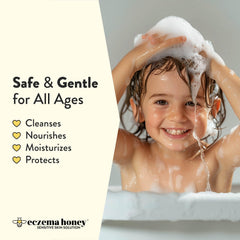 ECZEMA HONEY Nourishing Shampoo shows hair shine after use on healthy-looking strands.