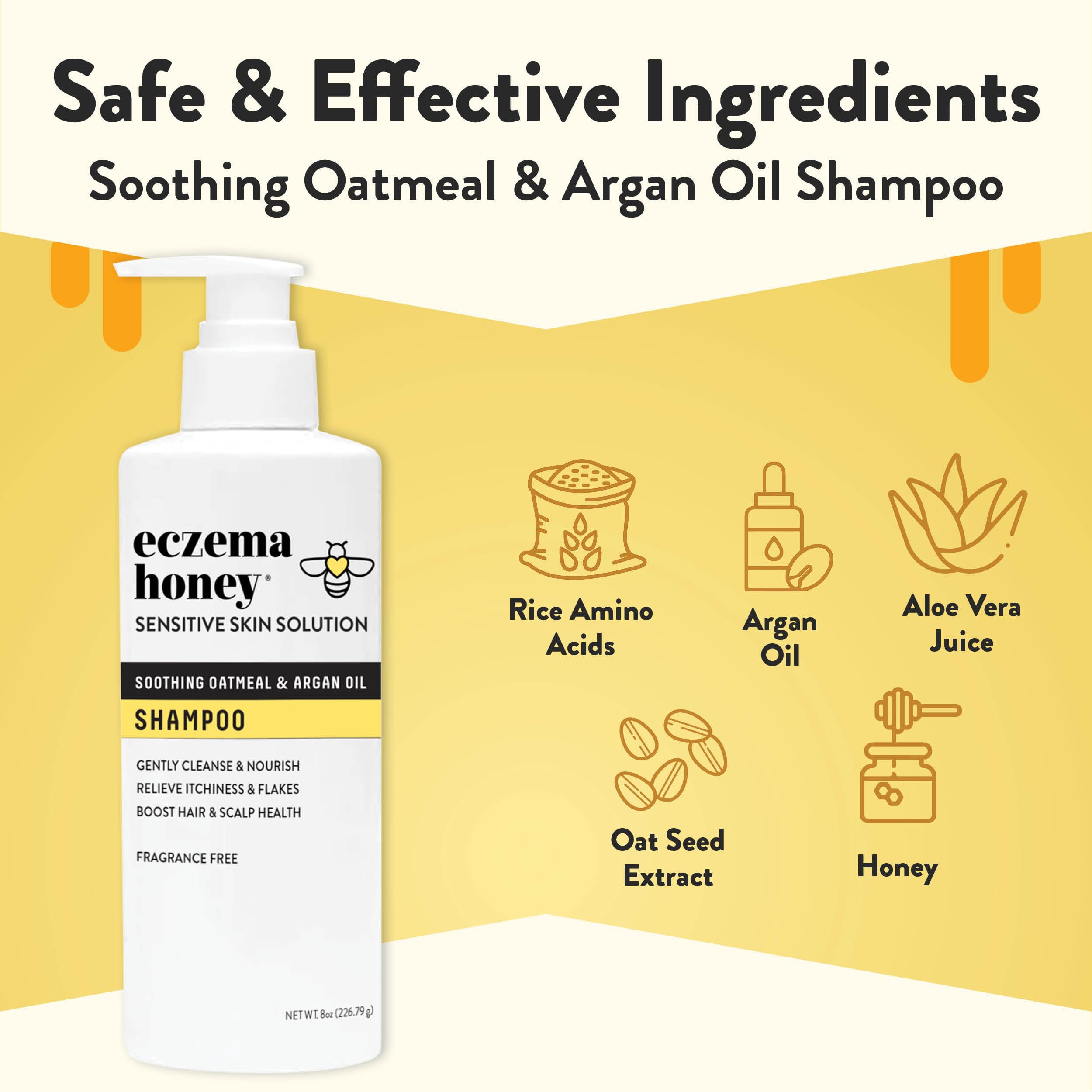 ECZEMA HONEY Nourishing Shampoo ingredients closeup highlighting honey, oats, and soothing properties.