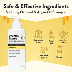 ECZEMA HONEY Nourishing Shampoo ingredients closeup highlighting honey, oats, and soothing properties.