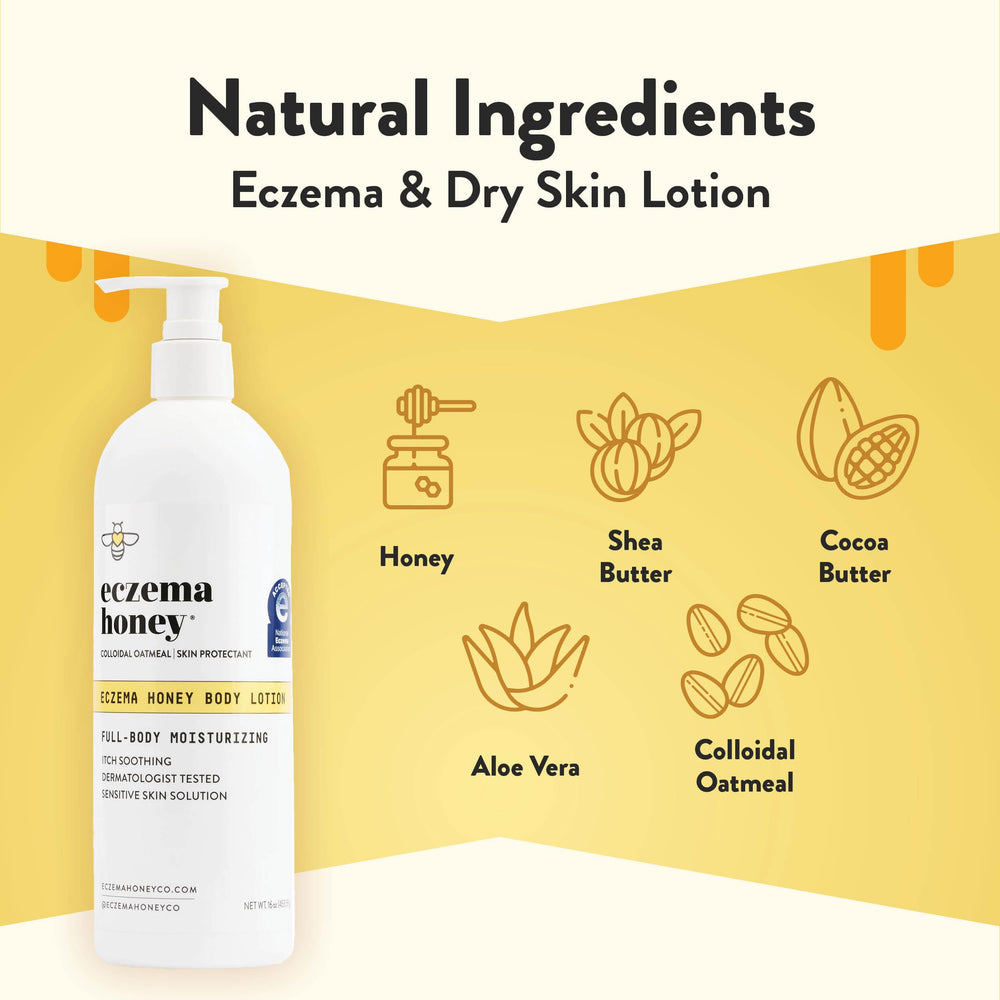 Close-up of ECZEMA HONEY Oatmeal Body Lotion label highlighting natural ingredients.