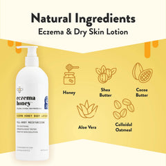 Close-up of ECZEMA HONEY Oatmeal Body Lotion label highlighting natural ingredients.