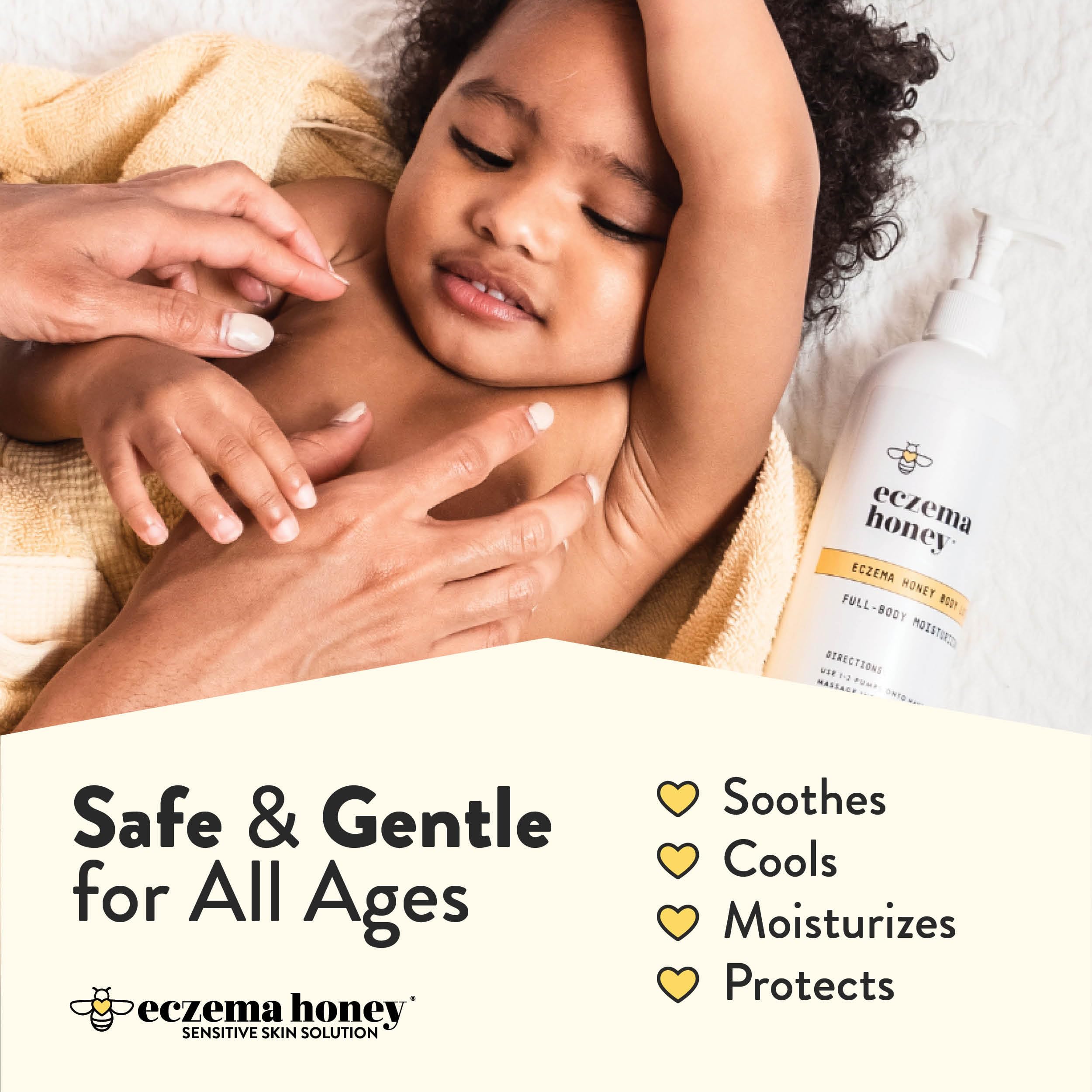ECZEMA HONEY Oatmeal ingredients icons highlight oatmeal and honey benefits.