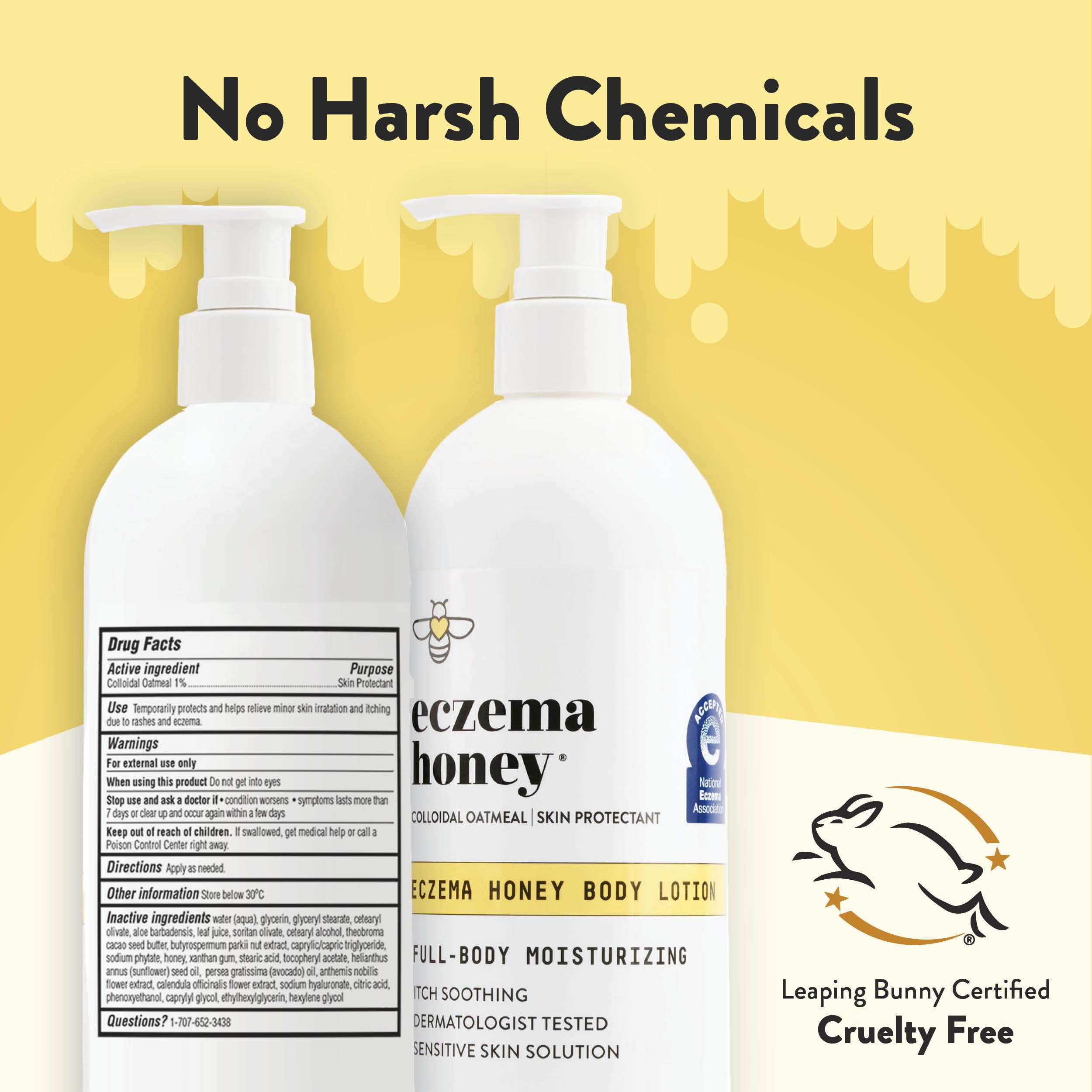 ECZEMA HONEY packaging shows Leaping Bunny certification and National Eczema Association seal.