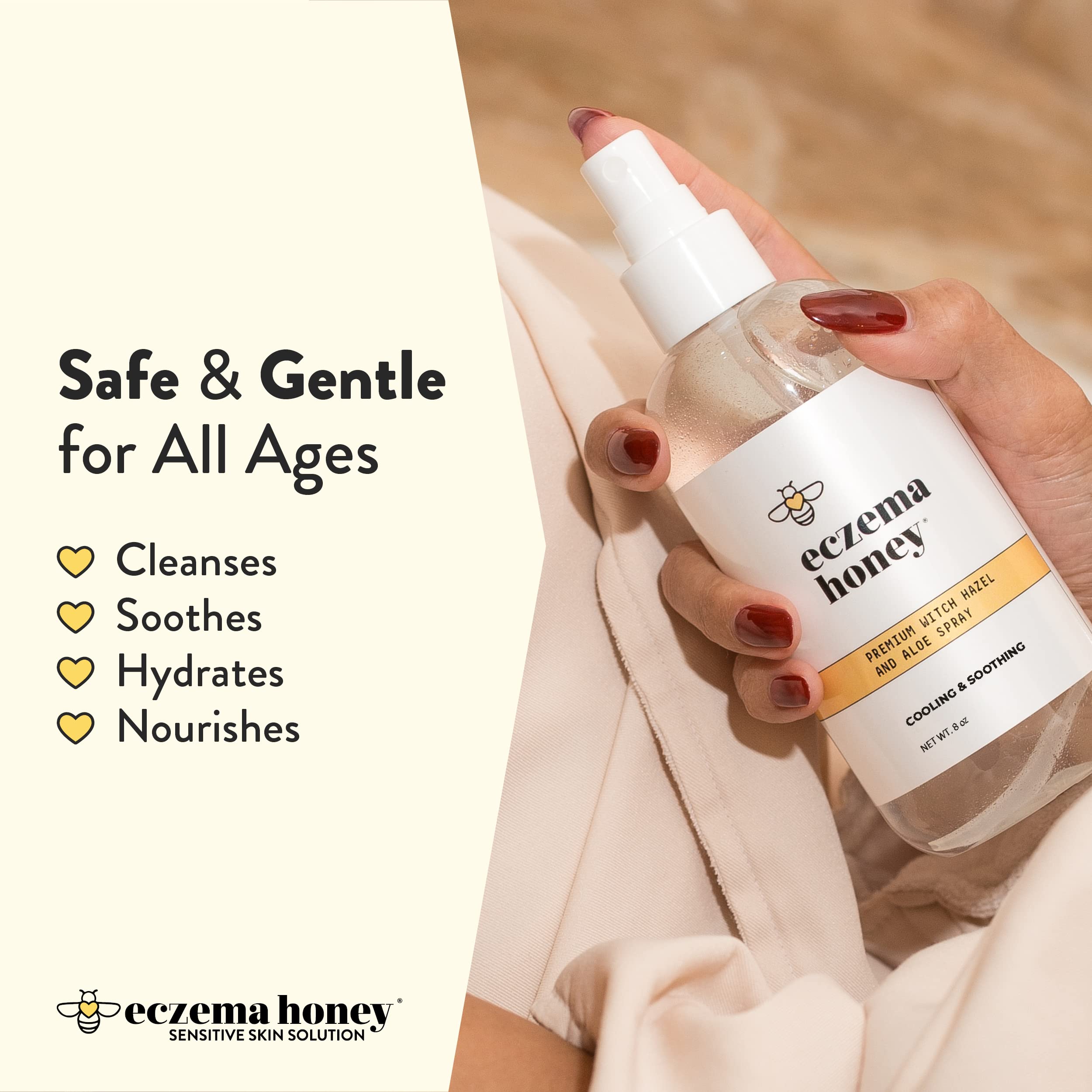 ECZEMA HONEY Premium Witch Hazel and Aloe Spray ingredients oatmeal illustrate soothing blend.