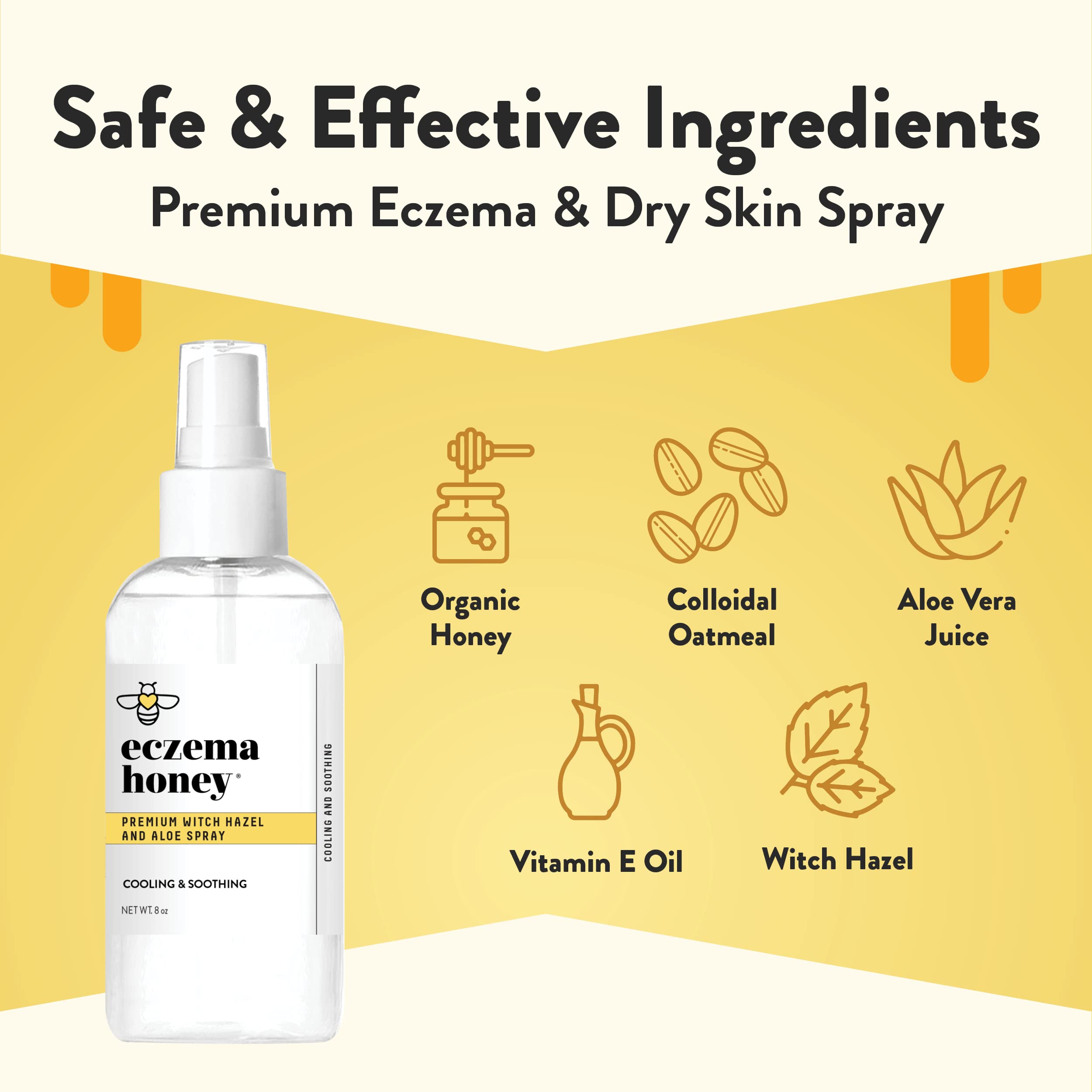ECZEMA HONEY Premium Witch Hazel and Aloe Spray mist on face shows cooling hydration.
