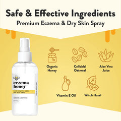 ECZEMA HONEY Premium Witch Hazel and Aloe Spray mist on face shows cooling hydration.
