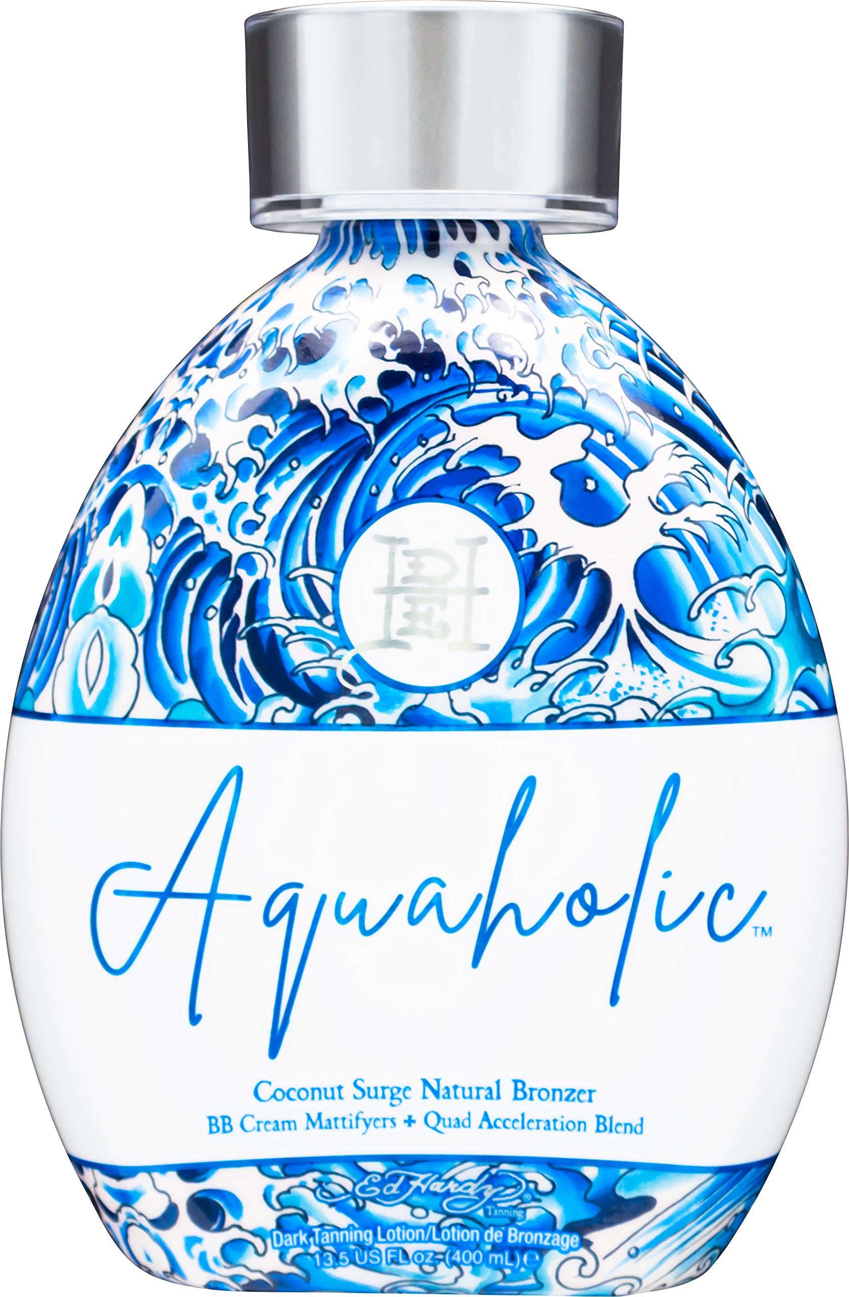 ED HARDY Aquaholic Coconut Surge bottle pour promotes even color and streak-free tanning.