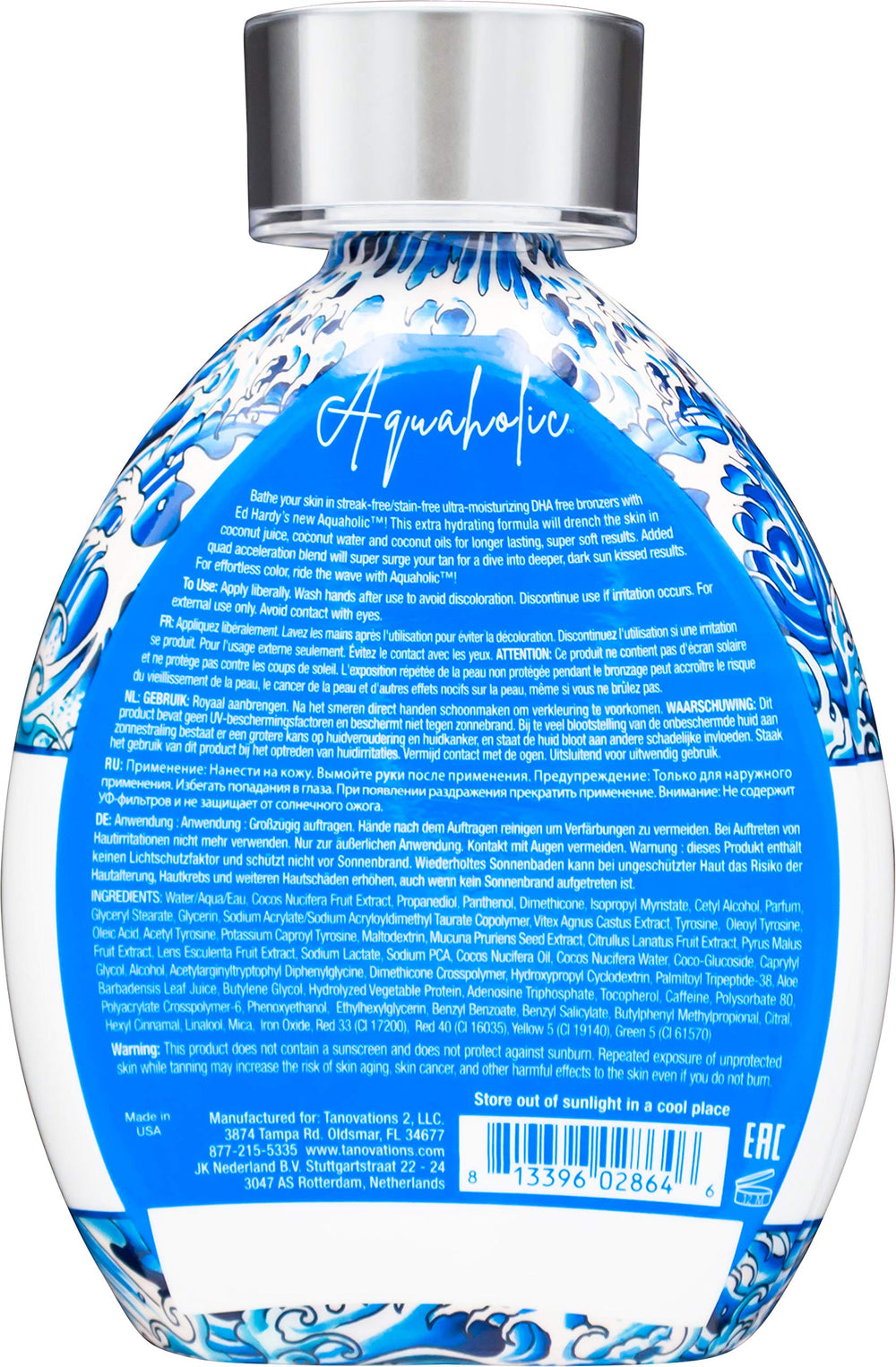 ED HARDY Aquaholic Coconut Surge lotion application shows indoor/outdoor use and hydrating formula.
