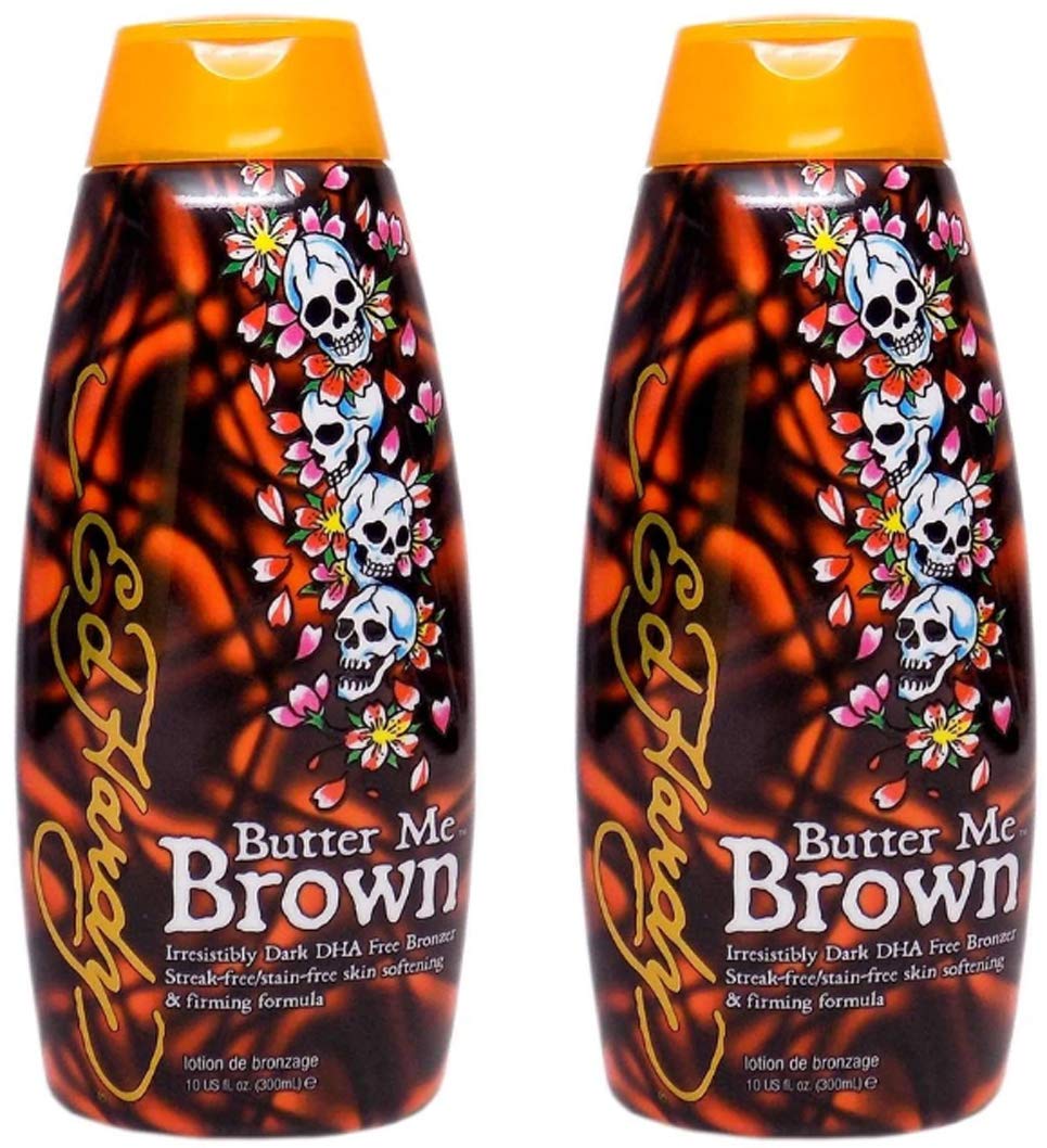 Ed Hardy Butter Me Brown tanning cream bottle for streak-free, dark bronze results