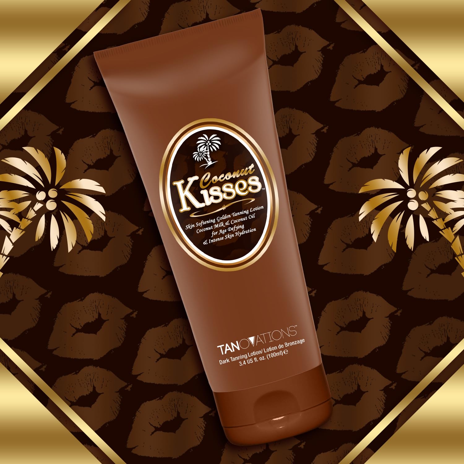 Ed Hardy Coconut Kisses Golden Tanning Lotion packaging highlights cruelty-free and gluten-free badges.