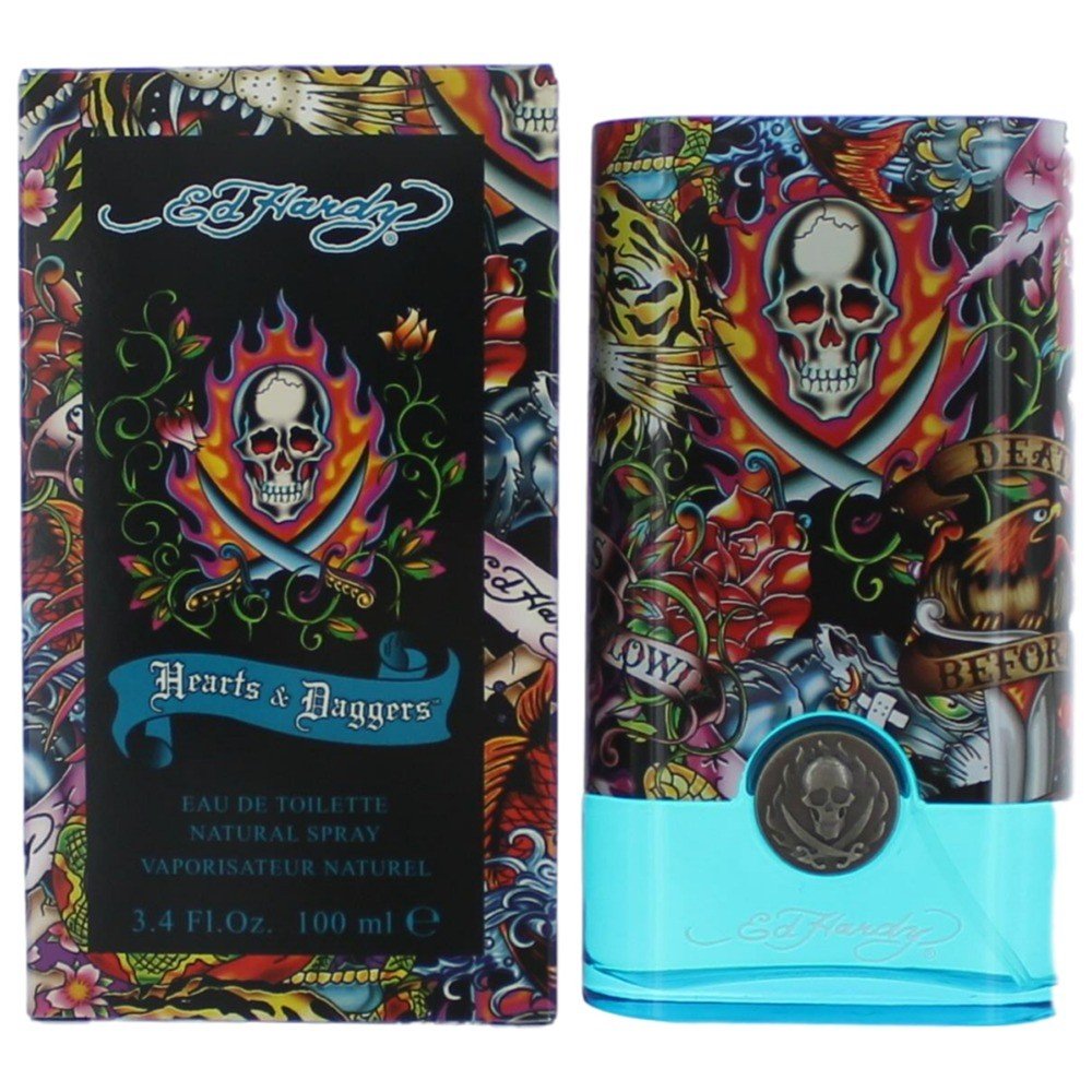 Ed Hardy Hearts and Daggers bottle, bold masculine fragrance for evening wear.