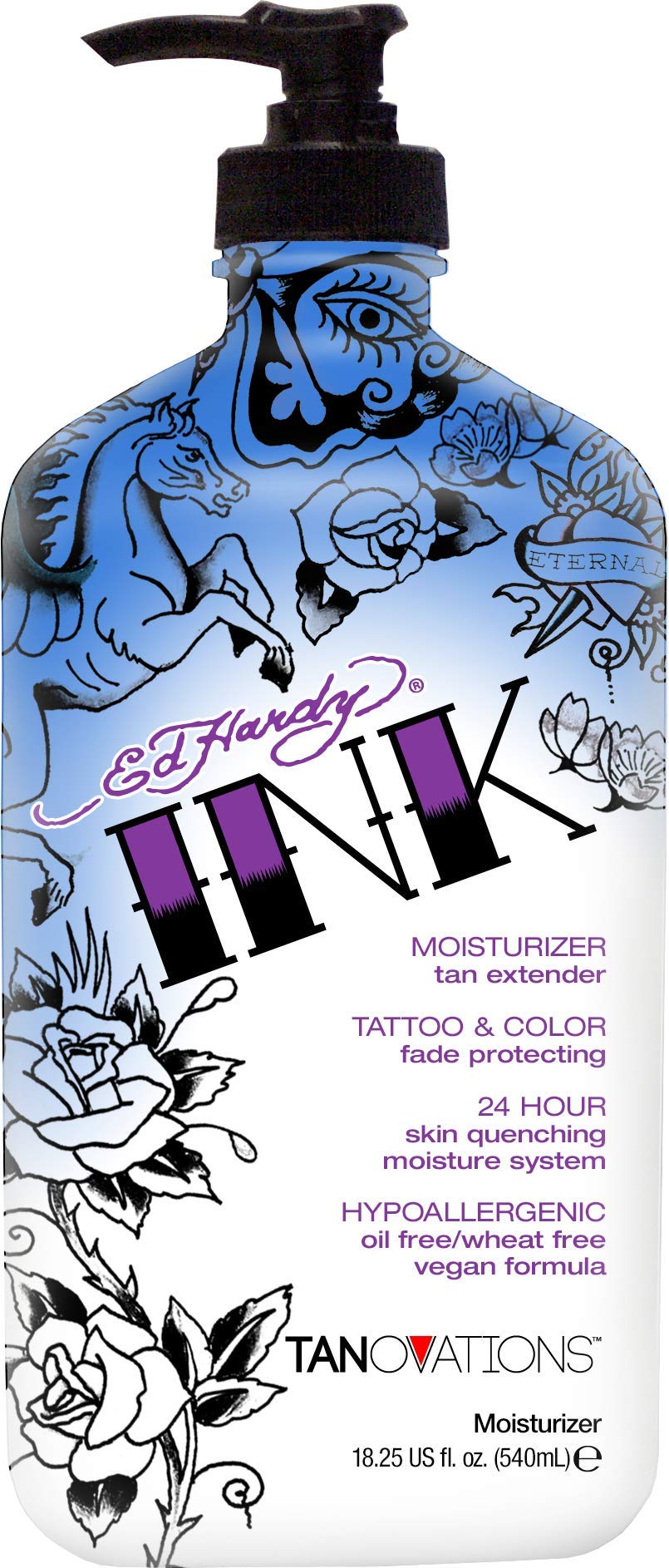 Ed Hardy INK tattoo and color fade moisturizer bottle, nourishing hydration for tattoo color protection.