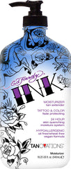 Ed Hardy INK tattoo and color fade moisturizer bottle, nourishing hydration for tattoo color protection.