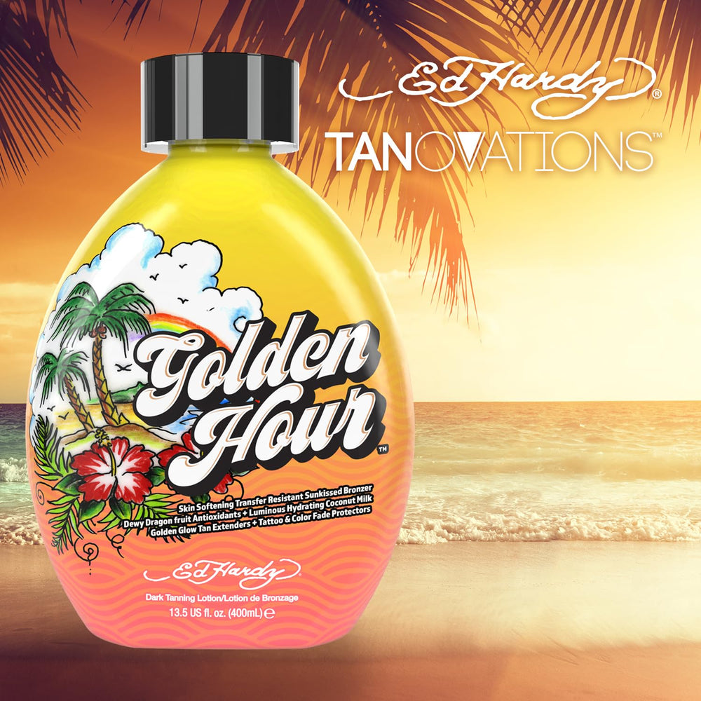 Arm application of Golden Hour demonstrates long-lasting tan extending after sunset