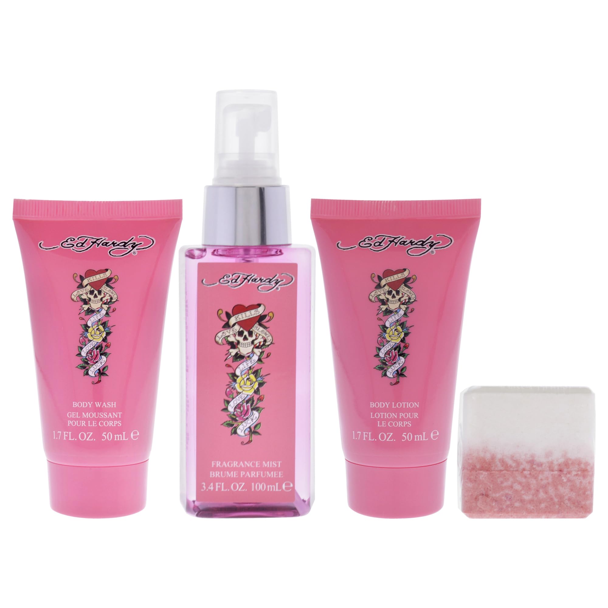 Ed Hardy Women’s Gift Set body wash cleanses with a lasting fruity-floral aroma.