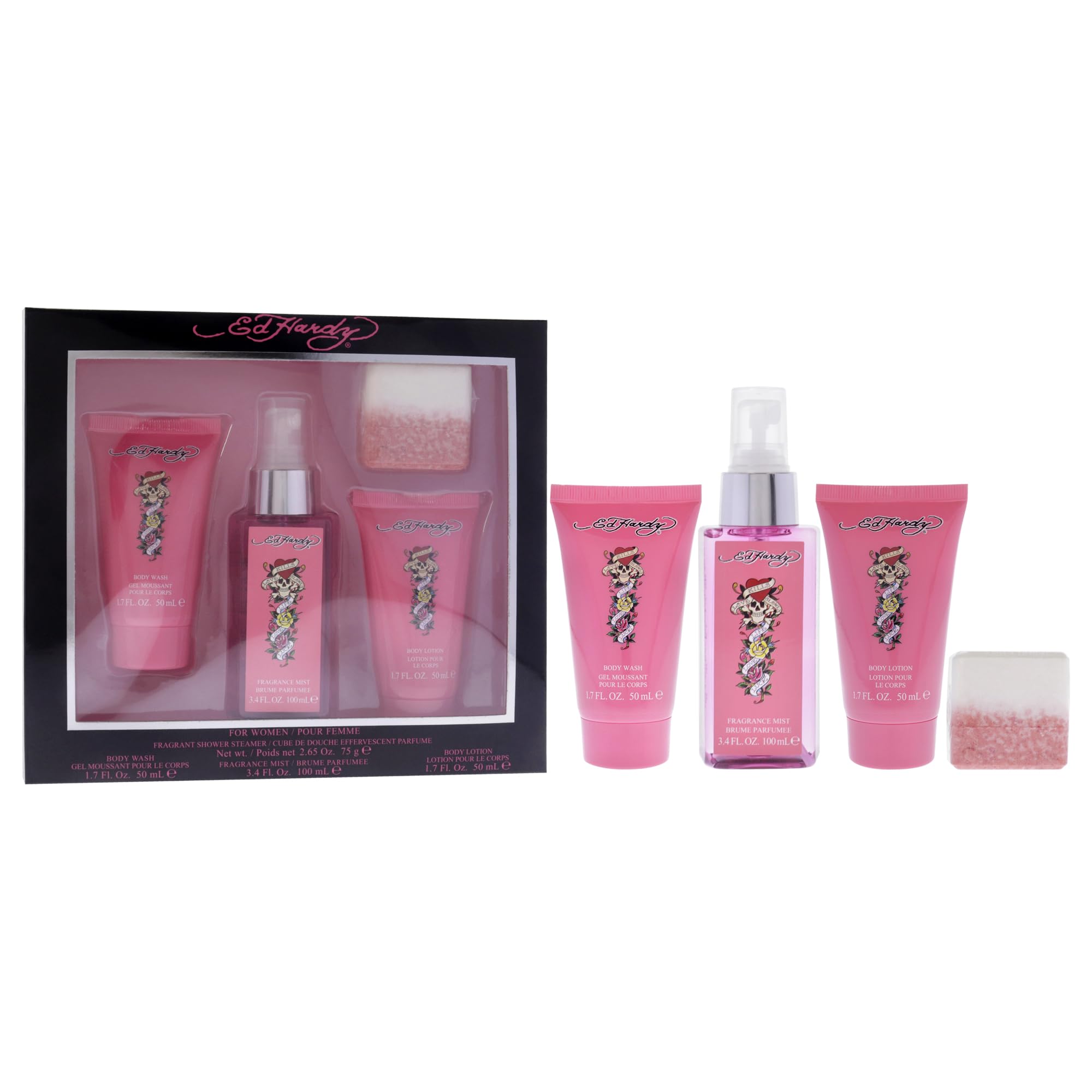 Ed Hardy Women’s Gift Set shower steamer releases spa-like fragrance during a shower.
