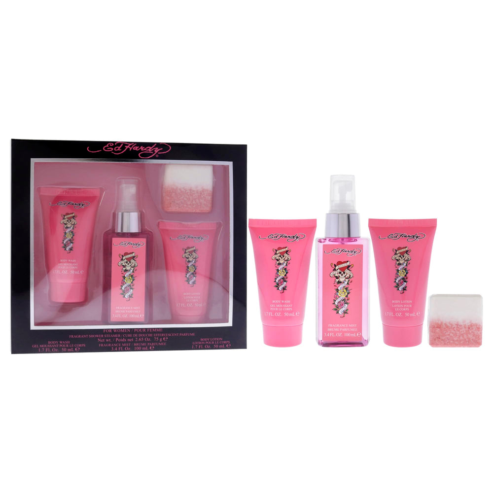 Ed Hardy Women’s Gift Set shower steamer releases spa-like fragrance during a shower.
