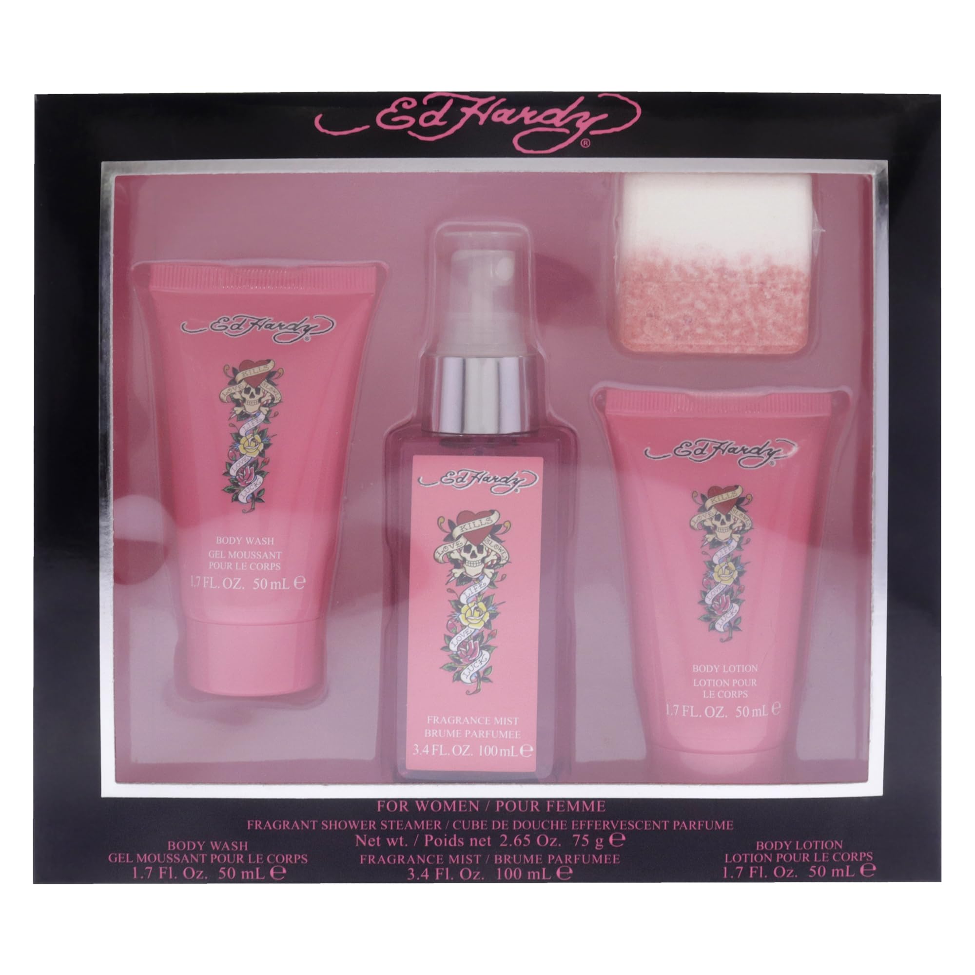 Ed Hardy Women’s Gift Set tray display highlights the four-piece collection.