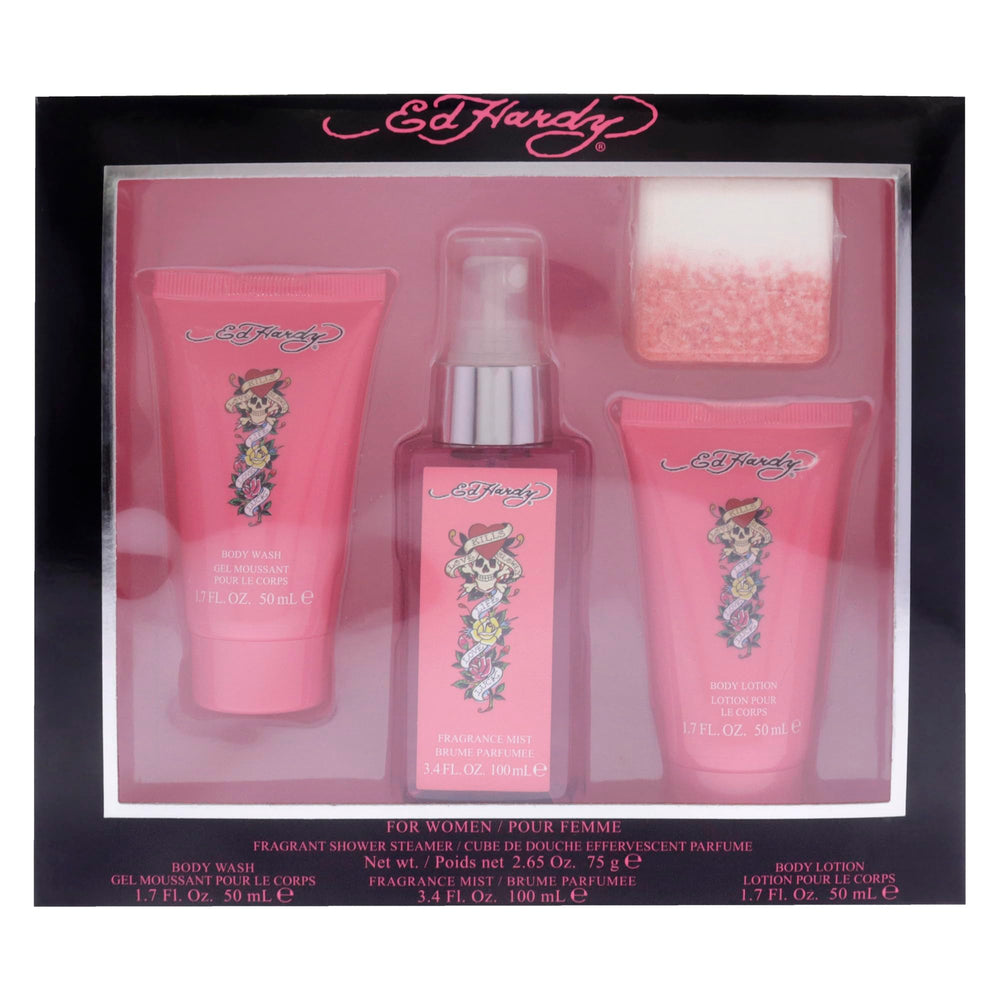 Ed Hardy Women’s Gift Set tray display highlights the four-piece collection.