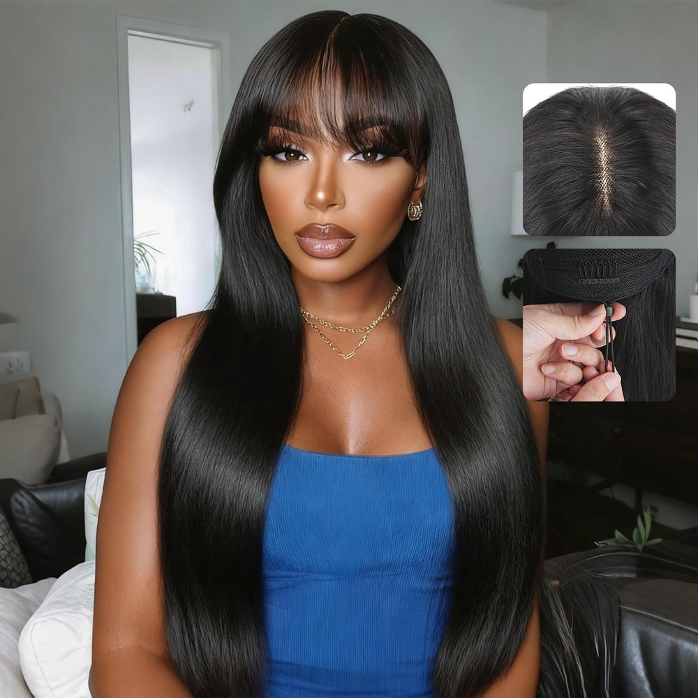 eddfine straight wig with bangs—2x4 lace closure for natural mid-part