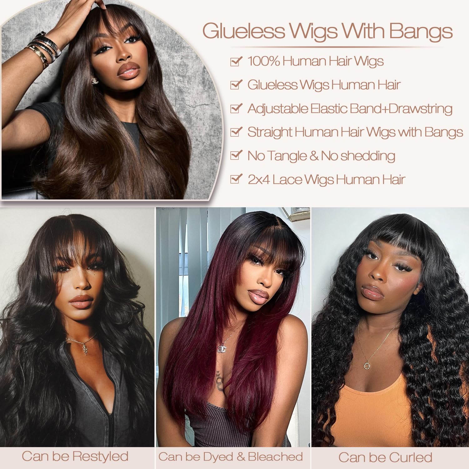 eddfine wig with bangs—includes cap and 5D lashes for quick wear