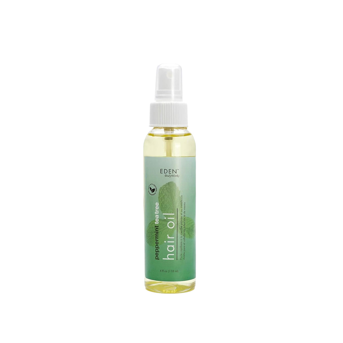 EDEN BodyWorks Peppermint Tea Tree Hair Oil bottle pour delivers refreshing scalp cooling and scent.