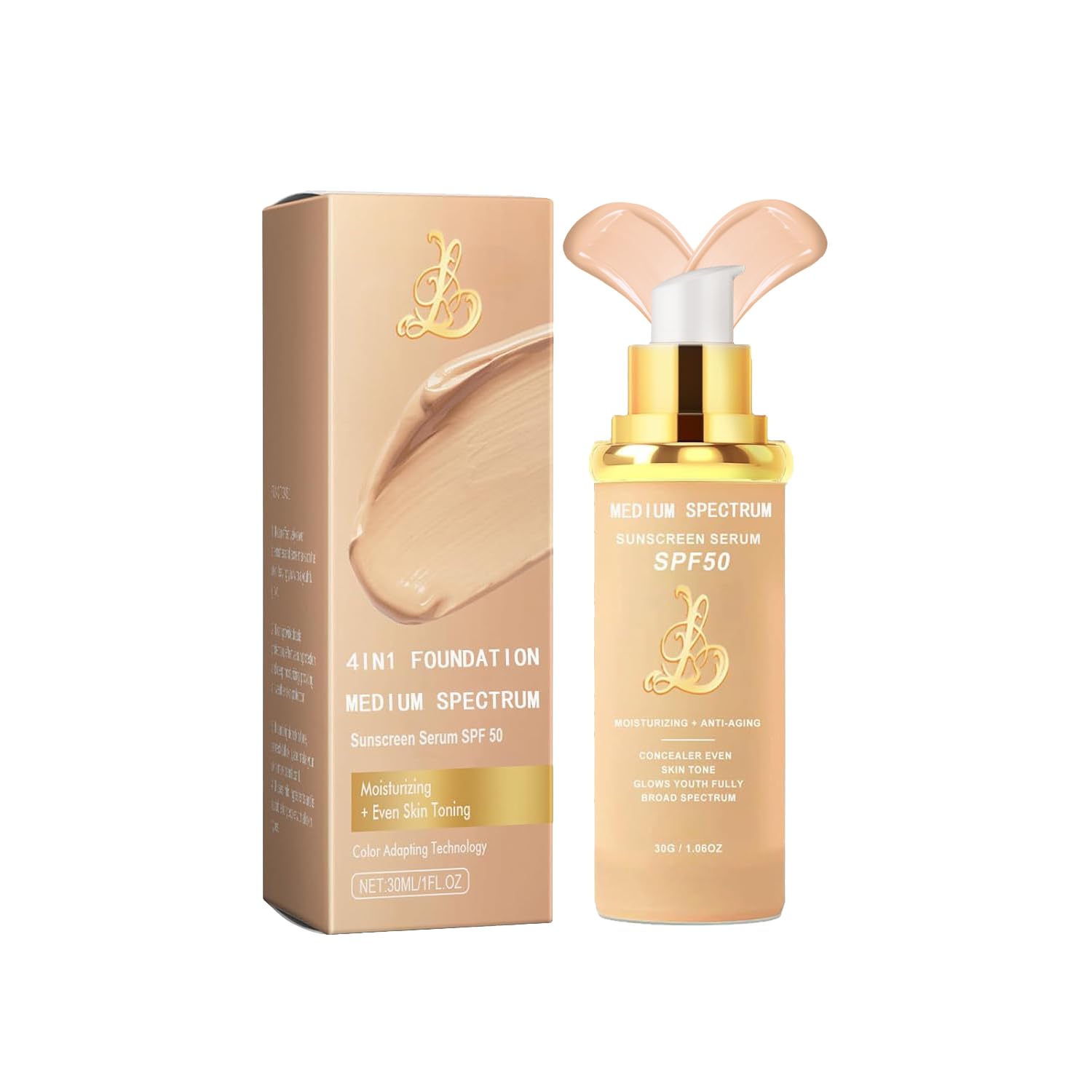EdenEdges 4-in-1 foundation bottle demonstrates hydration and SPF protection in one step.
