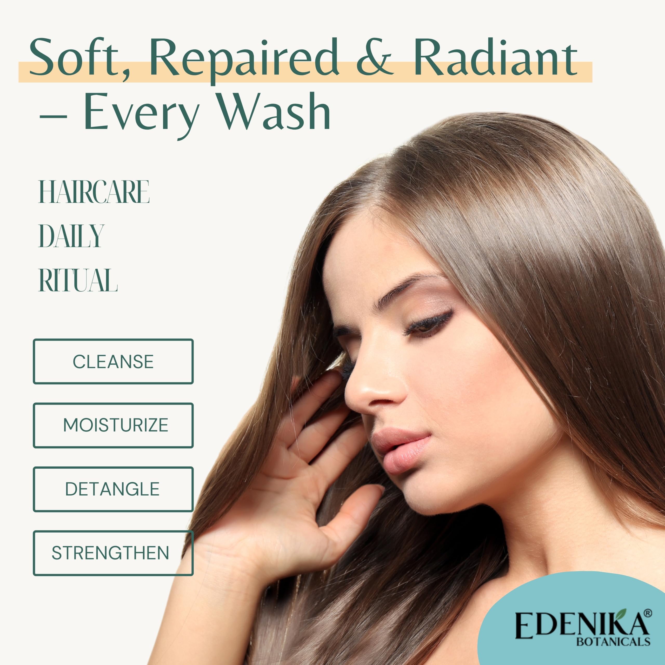 EDENIKA BOTANICALS shine and smooth visual shows silky, easy-to-brush hair