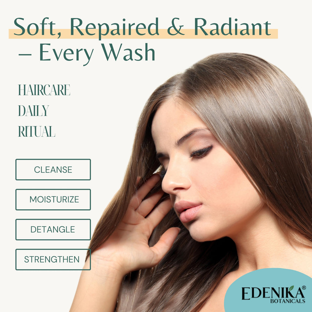 EDENIKA BOTANICALS shine and smooth visual shows silky, easy-to-brush hair