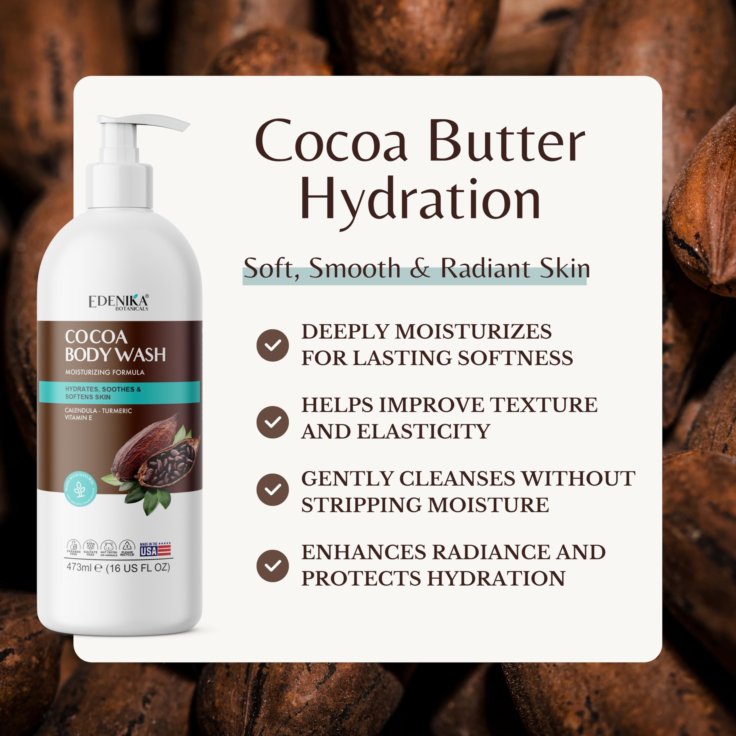 EDENIKA Cocoa Butter Body Wash bottle back detailing Calendula Turmeric Vitamin E