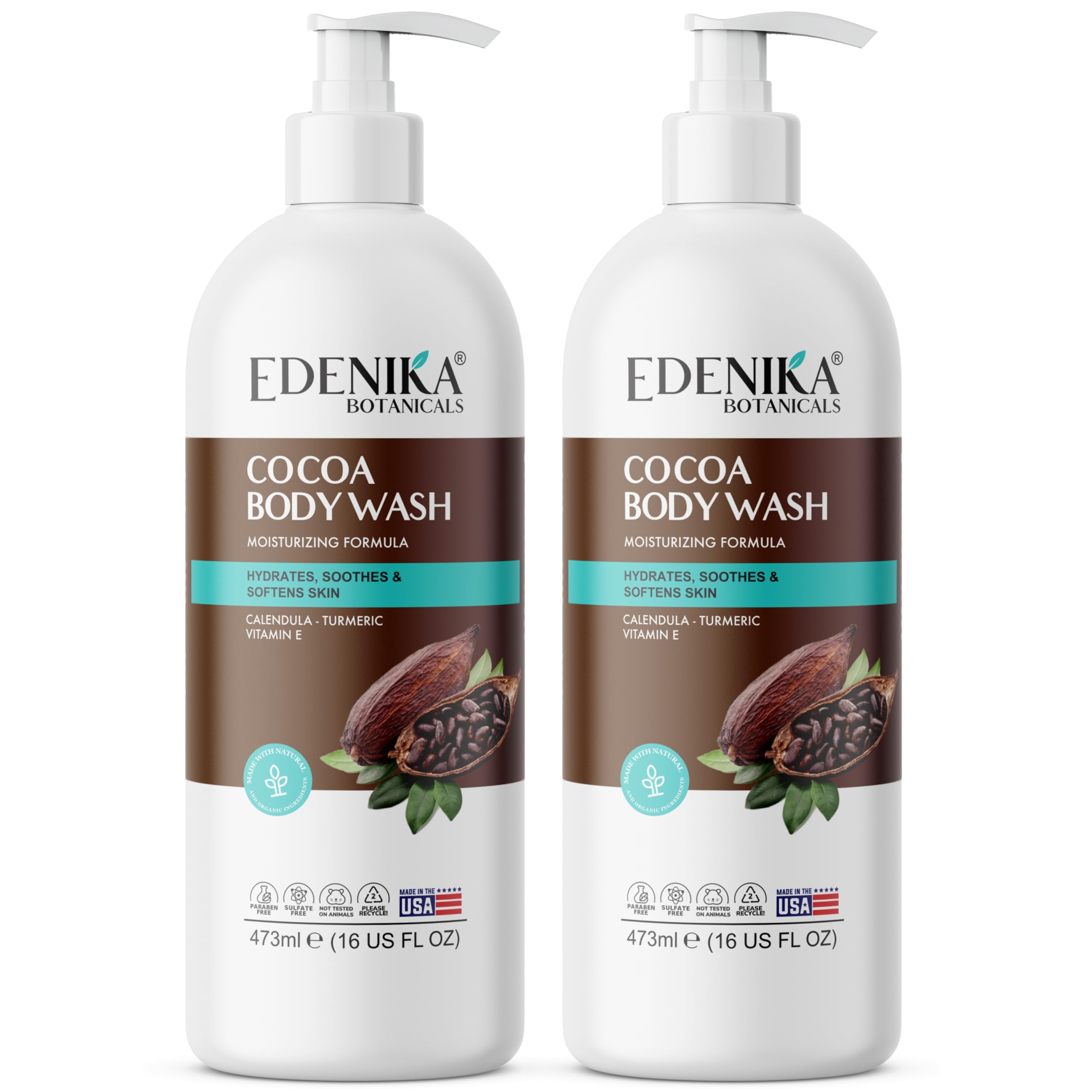 EDENIKA Cocoa Butter Body Wash bottle front showing moisturizing formula for dry skin