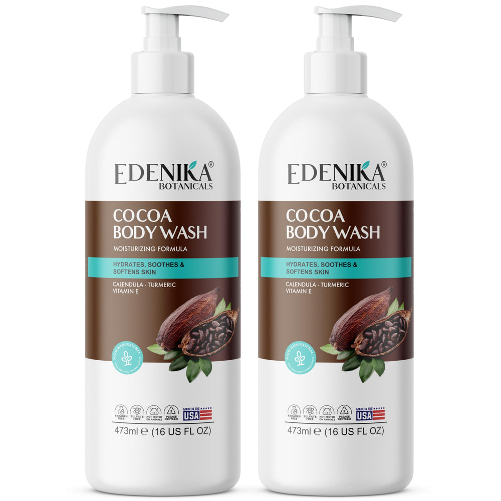 EDENIKA Cocoa Butter Body Wash bottle front showing moisturizing formula for dry skin
