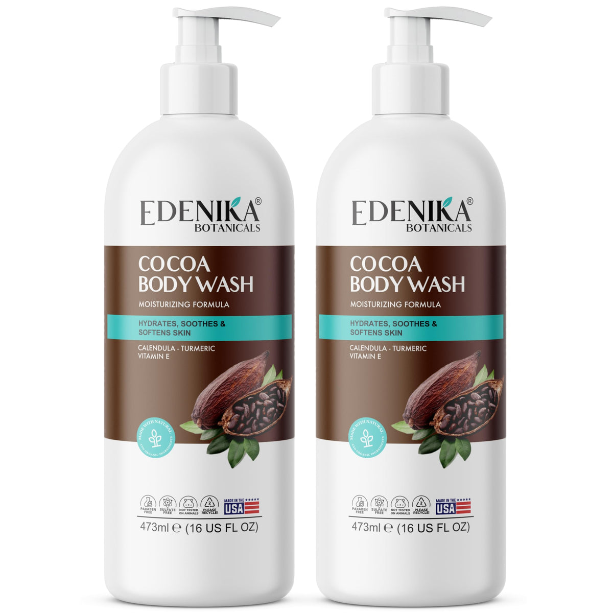 EDENIKA Cocoa Butter Body Wash bottle front showing moisturizing formula for dry skin