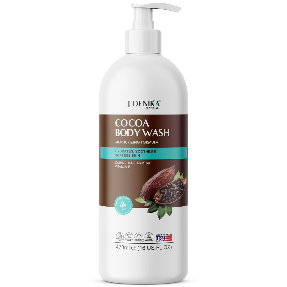 EDENIKA Cocoa Butter Body Wash shower scene conveys a soothing aroma