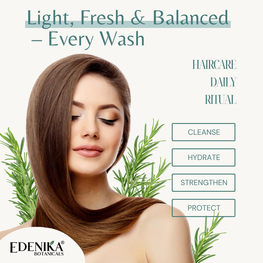 EDENIKA BOTANICALS rosemary shampoo pump dispense—easy, mess-free application.