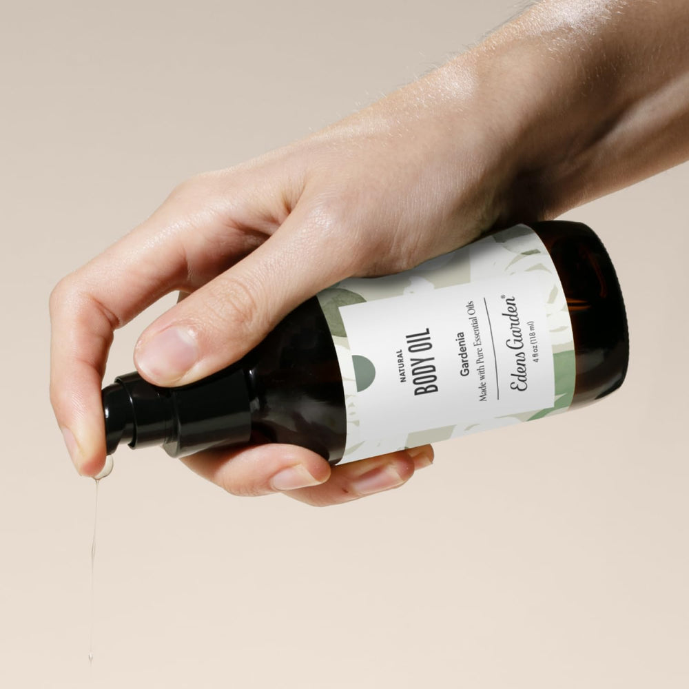 Edens Garden Gardenia Body Oil label highlighting premium essential oil blend.