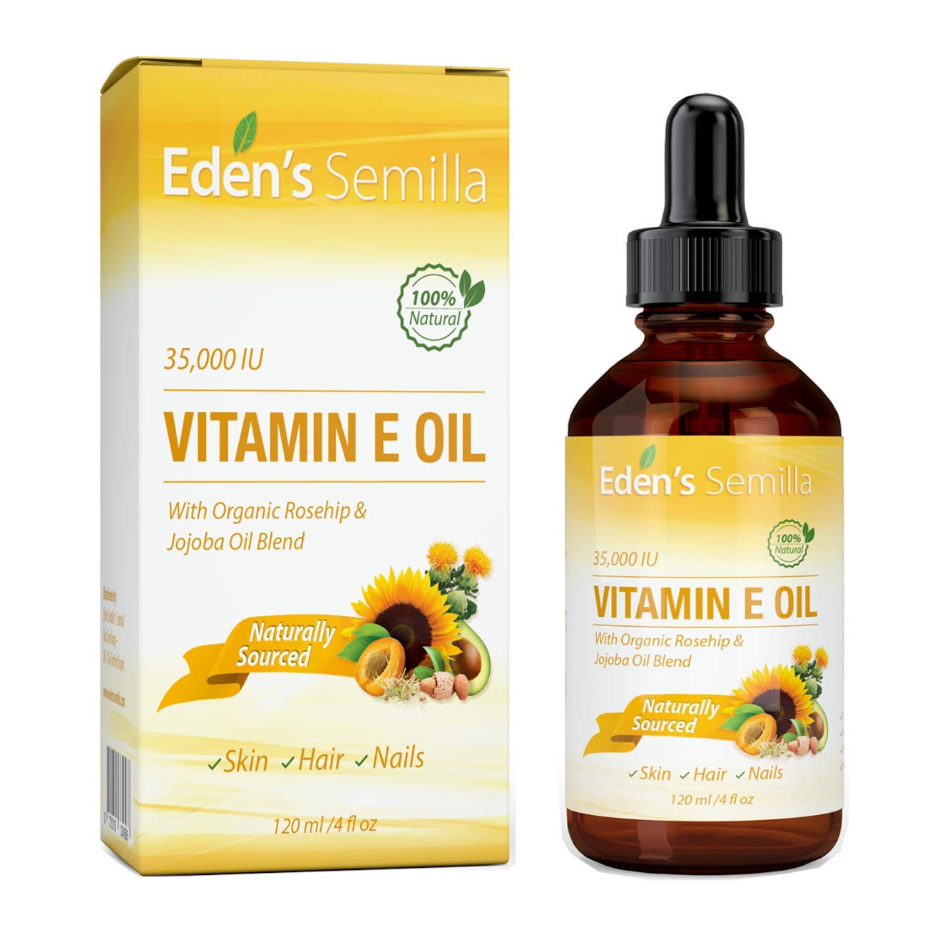 Edens Semilla Vitamin E Oil bottle with dropper for easy application and fast absorption