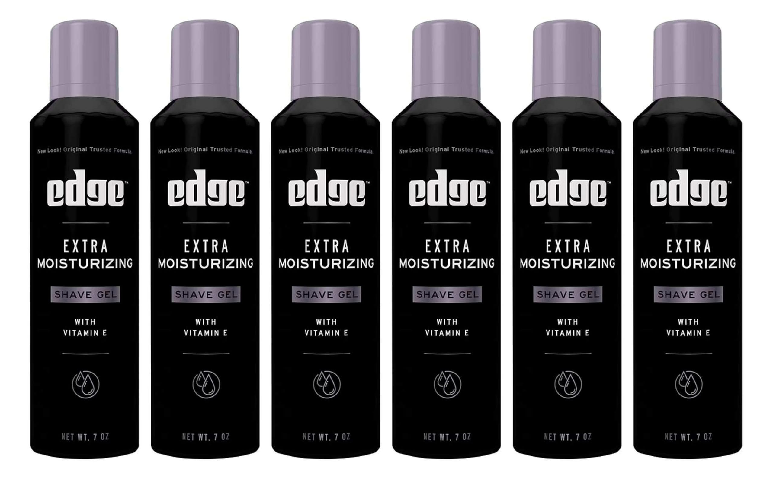 Six-pack Edge Shave Gel bottles on display for value