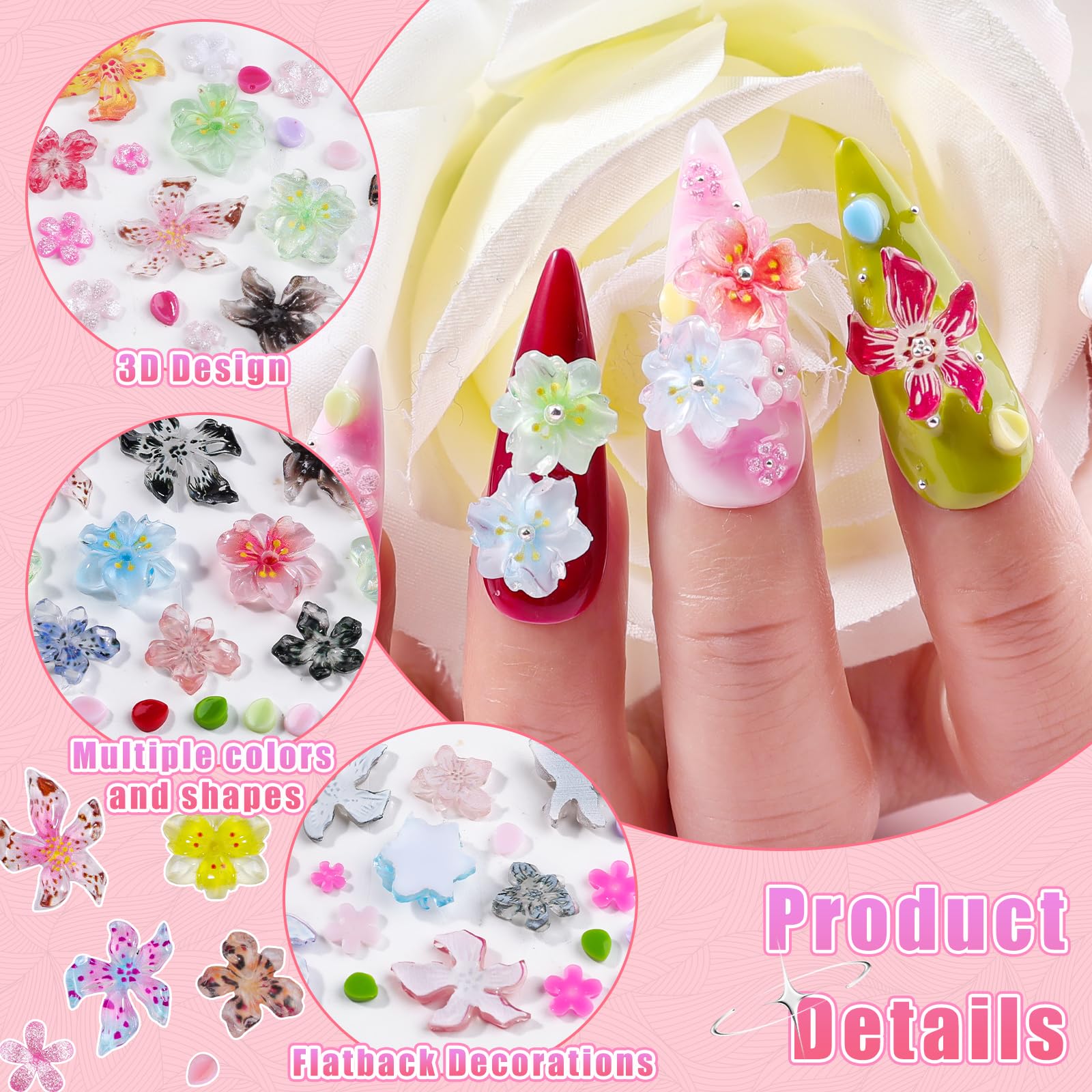 EditTime Hawaii hibiscus 3D nail charms colorful petals for DIY nail art.