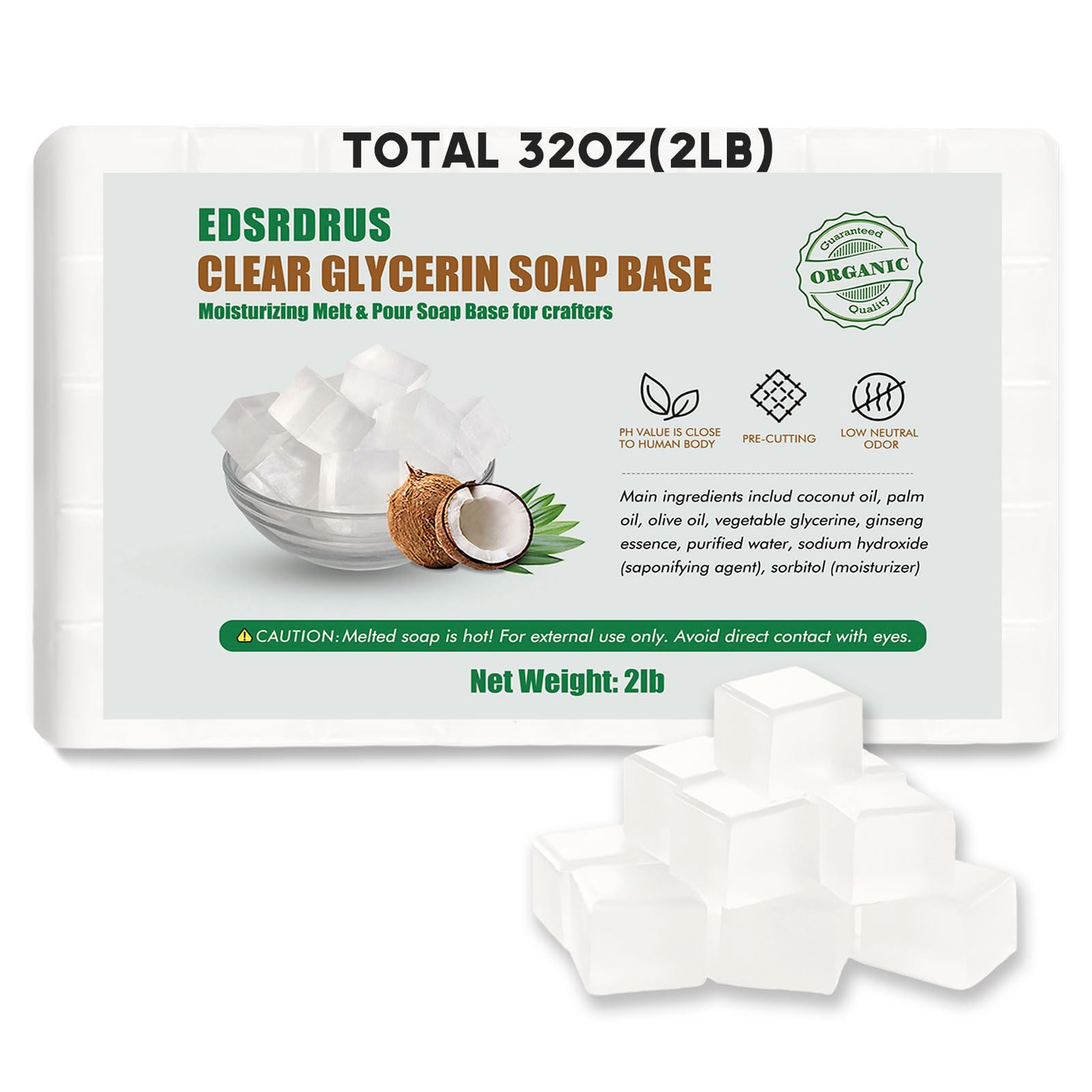 EDSRDRUS unscented glycerin soap base, close-up of a 2lb block for gentle cleansing.