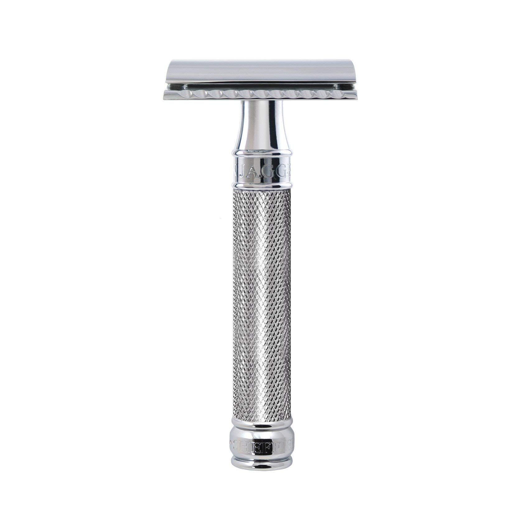 Edwin Jagger DE89KN razor with knurled handle for improved grip and precise shaving.
